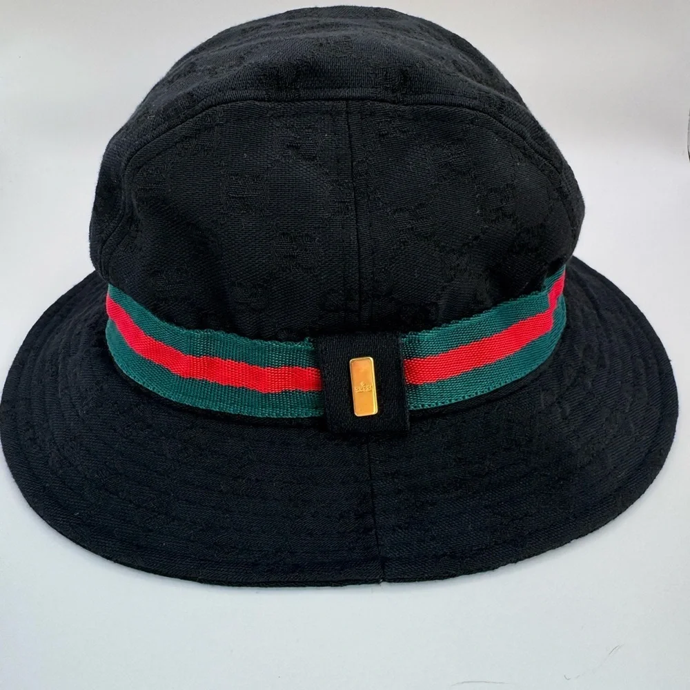 Gucci Black GG Monogram Bucket Hat Web Stripe Logo Made in Italy